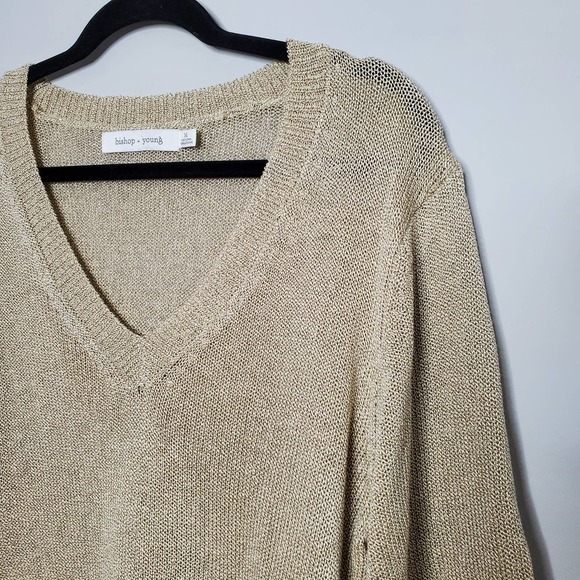 BISHOP + YOUNG • Oatmeal Beige V-neck Knit Fringe Sweater NEW Sz Medium - Picture 4 of 8